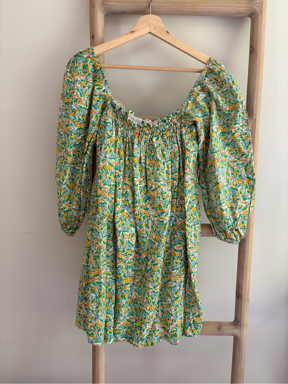 Faithfull the Brand - Floral Puff Sleeve Mini Dress - Green & Yellow